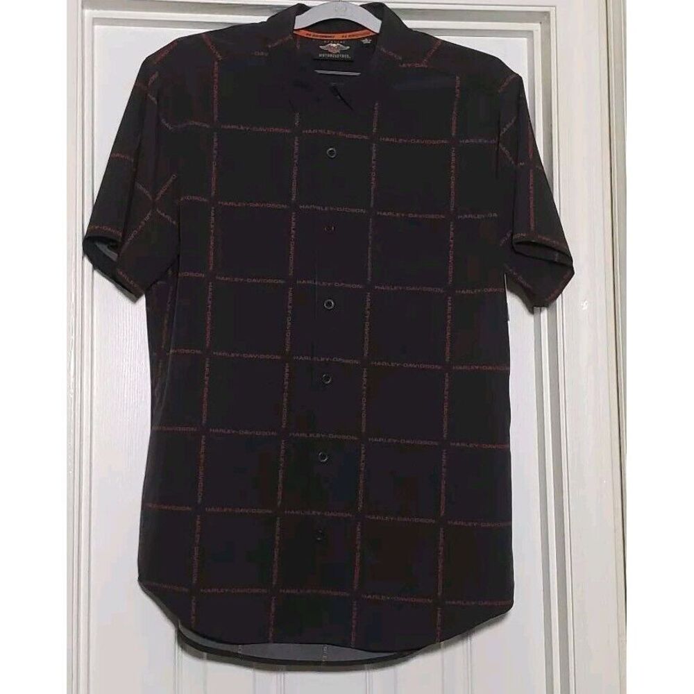 Harley‎ Davidson Window Pane Four Way Stretch Button Up Men's Medium Black Red